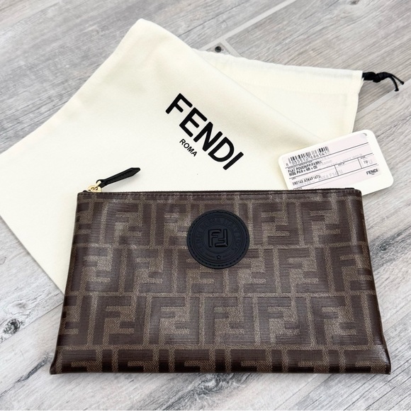 Fendi FF Motif Coated Canvas Leather Zipper Pouch Clutch - Picture 1 of 9